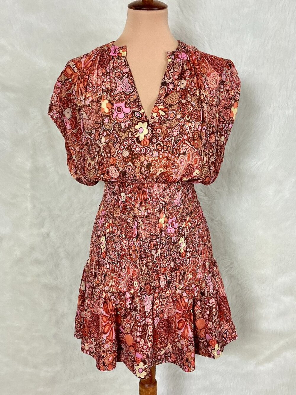 A.L.C. Orange Pink Floral Short Sleeve Smocked Waist Silk Carly Mini Dress 0